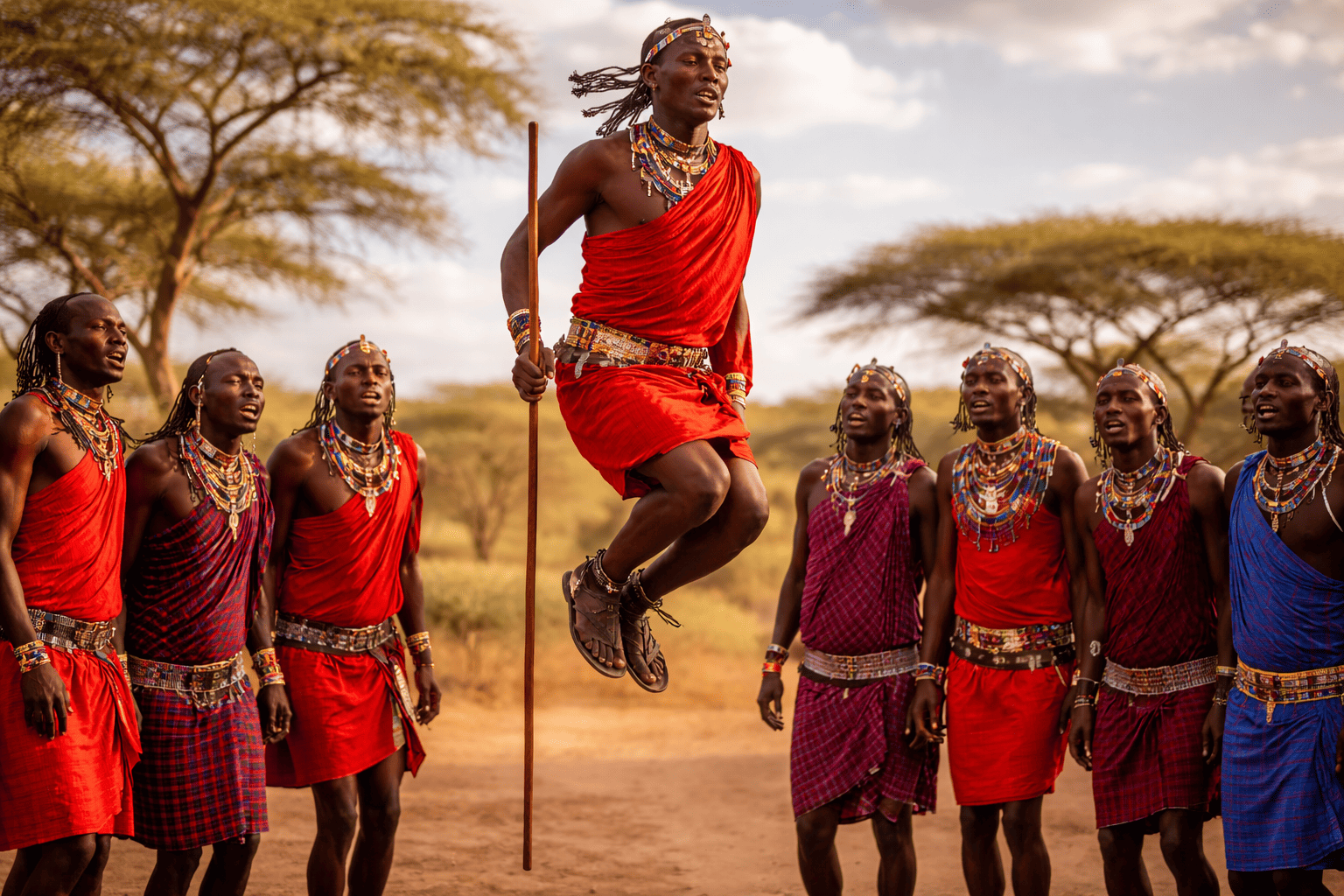 Maasai warriors performing the adumu dance