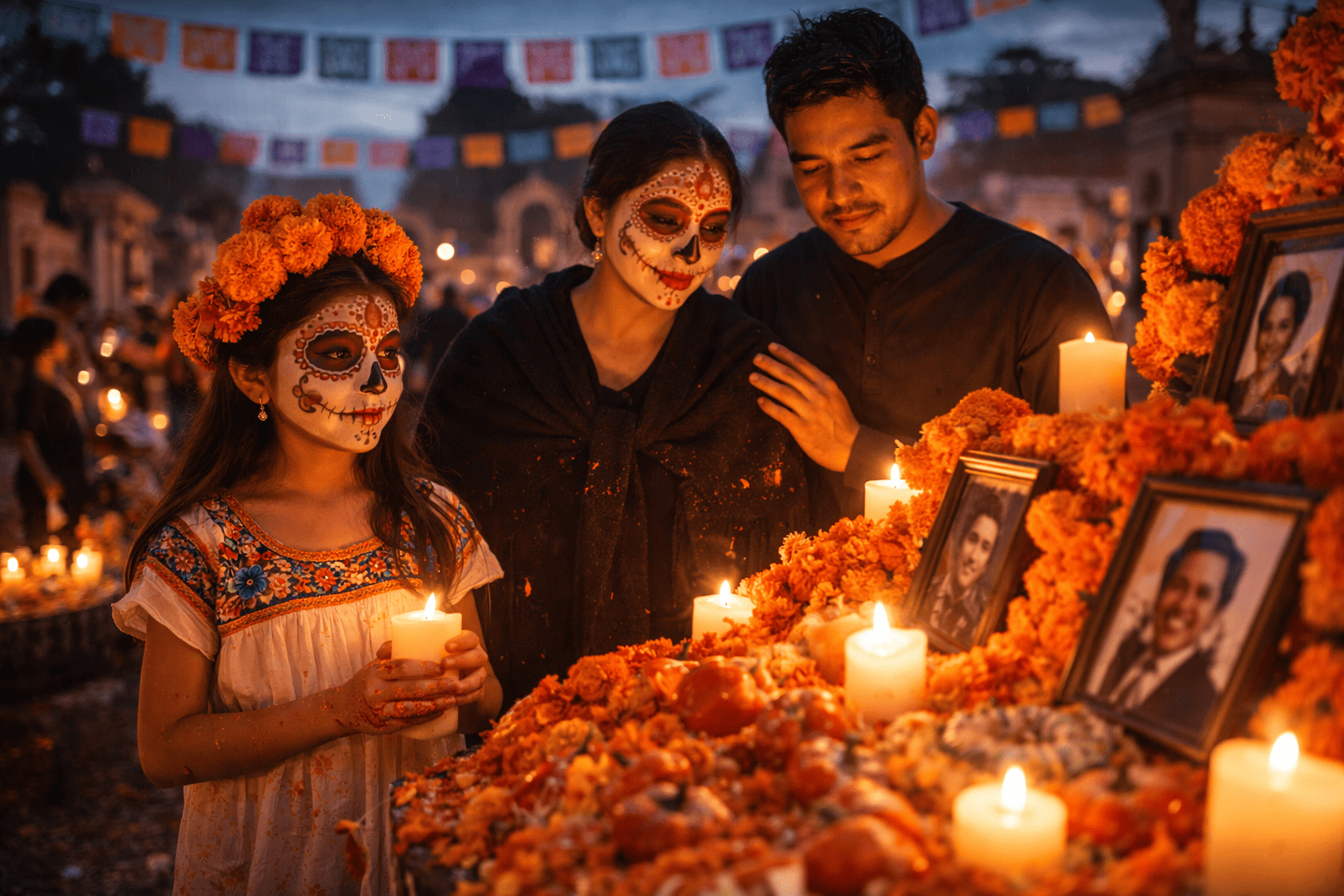 Día de los Muertos celebration at twilight
