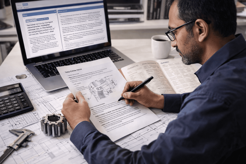 Technical translator at work on engineering document