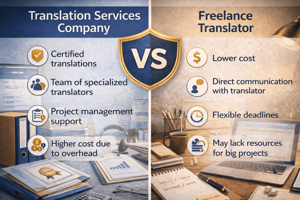 Side-by-side comparison of translation company and freelance translator pros and cons